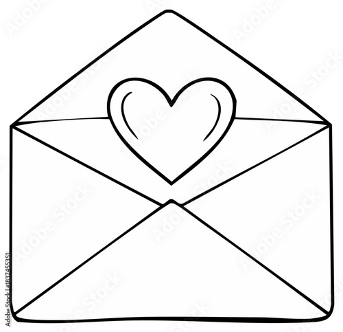 Simple hand drawn doodle of an open envelope containing a love letter with a heart symbol