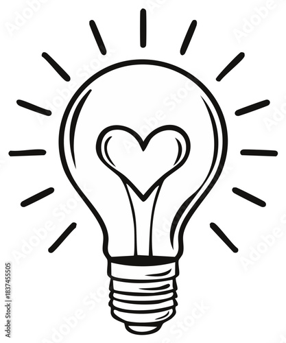 Hand-drawn shining light bulb with a heart shaped filament symbolizing a passionate idea
