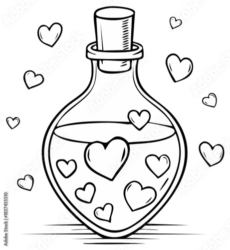 A hand drawn love potion bottle filled with hearts, a black and white coloring page illustration for Valentine's Day