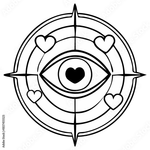 Mystical eye with heart pupil and surrounding hearts in a spiritual compass rose design outline