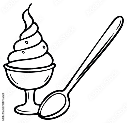 Outline Drawing: Ice Cream Sundae in a Glass with a Spoon, Dessert Treat, Food Design Element