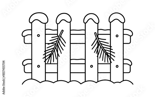 Snow-covered wooden fence with pine needles in winter coloring page