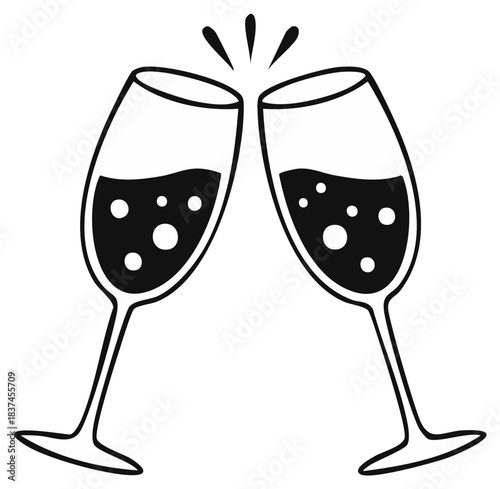 Two champagne glasses clinking together in celebration with bubbles and splashes