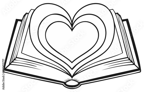 Open book with pages creating a heart shape, minimalist black and white line art vector
