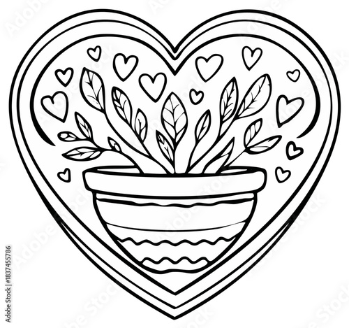 Line art houseplant in striped pot surrounded by many hearts inside a large heart frame