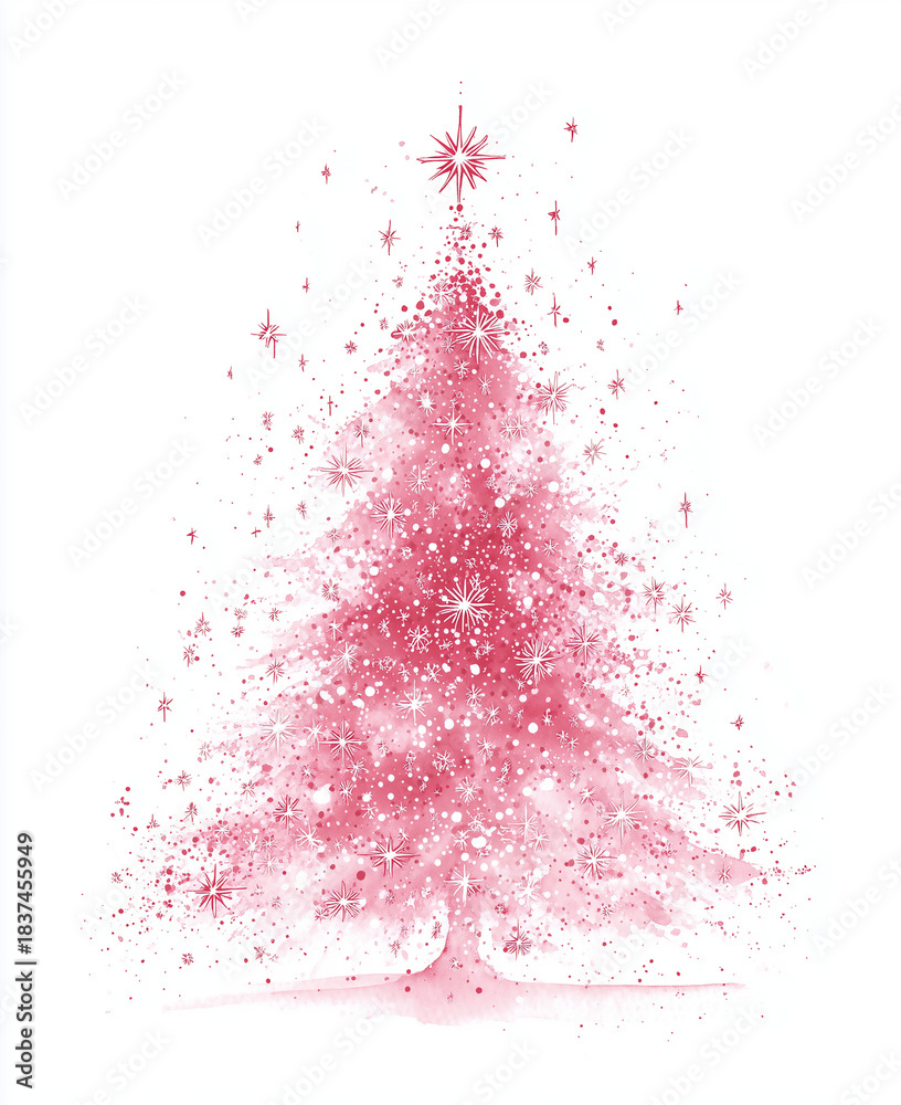 Fototapeta premium Sapin de noël rose scintillant en particules lumineuses avec étoile supérieure sur fond blanc épuré dans une composition festive pour visuels saisonniers noël fêtes de fin d’année et communication déc