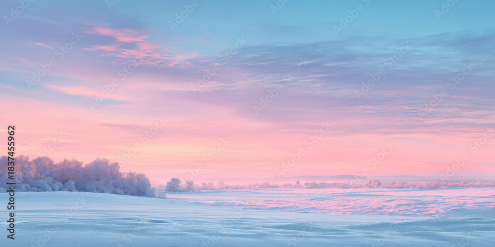 Fototapeta premium Winter nature background with soft pink sky over snowy fields, pastel cold-warm harmony, smooth gradients
