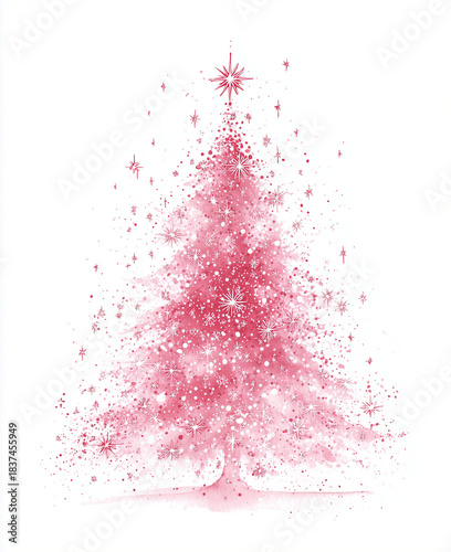 Sapin de noël rose scintillant en particules lumineuses avec étoile supérieure sur fond blanc épuré dans une composition festive pour visuels saisonniers noël fêtes de fin d’année et communication déc