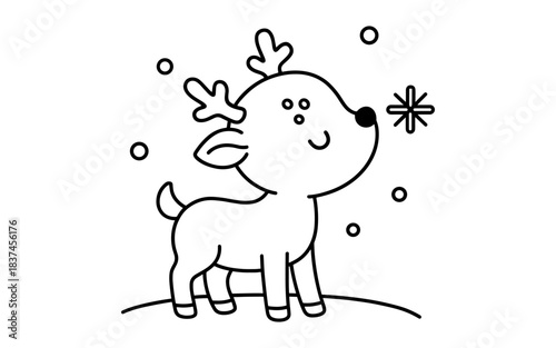 Cute outline reindeer with snowflakes: whimsical winter animal cartoon for coloring