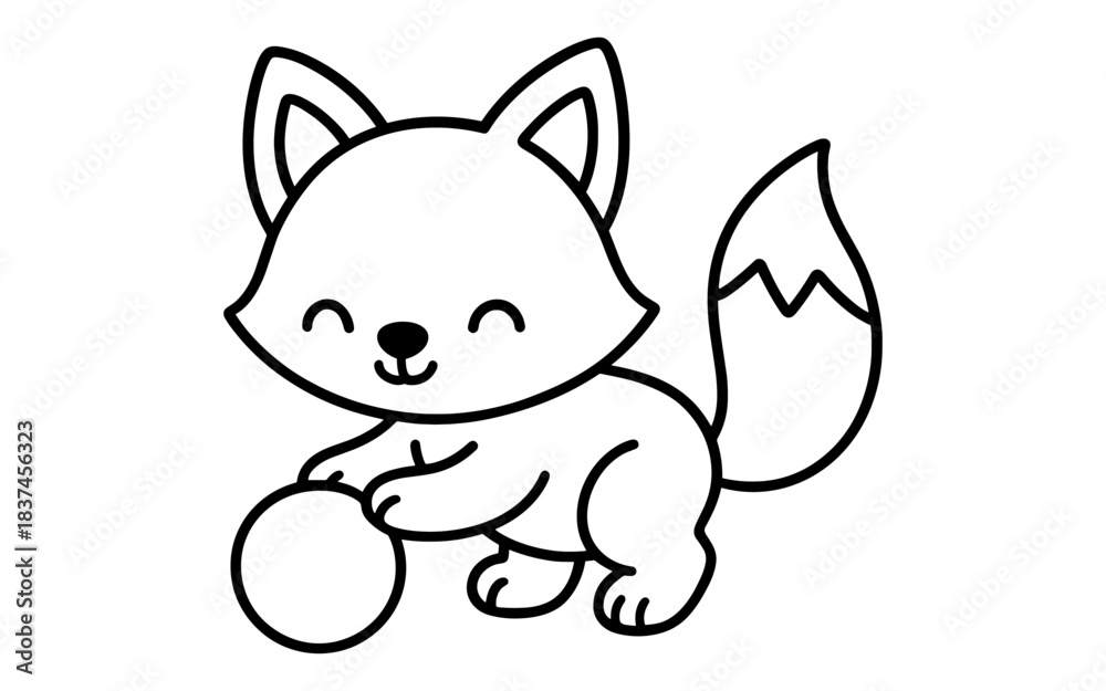 Obraz premium Adorable fox playing with ball: cute cartoon outline for coloring