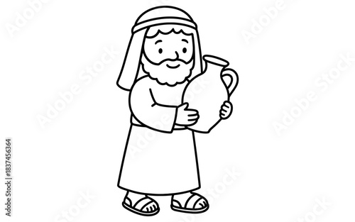 Cartoon biblical character holding large jug line art