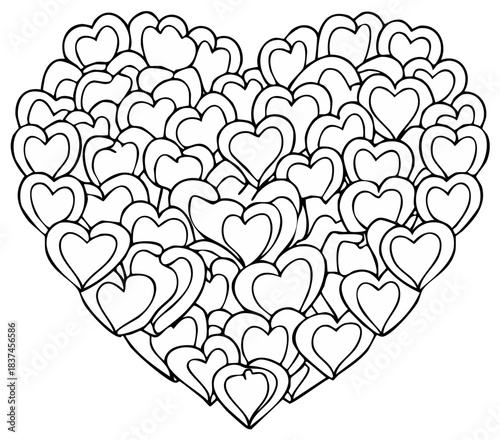 Black and white outline illustration featuring a large heart shape formed by a multitude of smaller interconnected hearts.