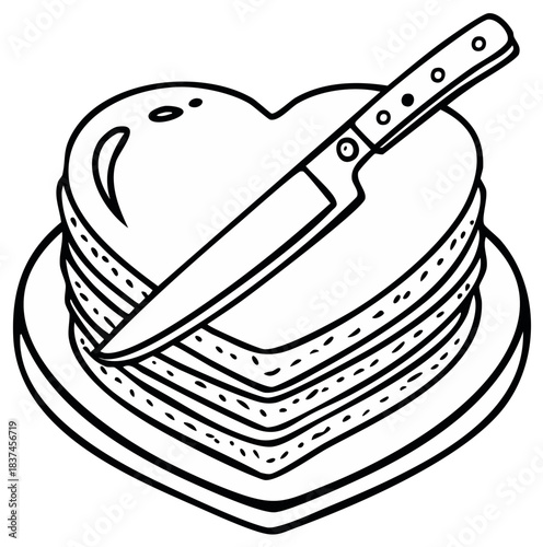 Line art illustration of a heart shaped layered cake with a knife on top symbolizing love betrayal or emotional cutting