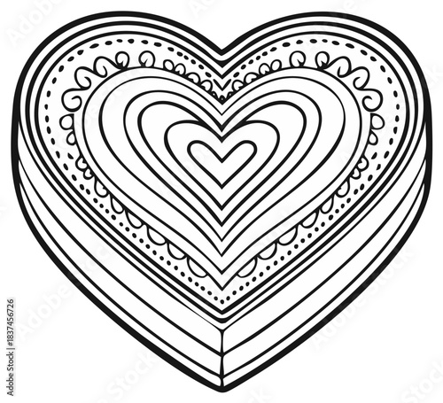 Hand drawn doodle heart illustration with intricate patterns for coloring book page or Valentines Day design