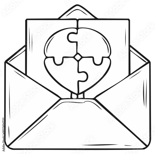 Conceptual line art of a puzzle heart inside an open love letter envelope