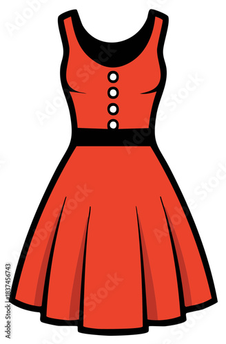 Vibrant red retro-inspired sleeveless dress illustration with black belt and white buttons on bodice