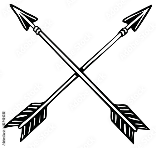 Two crossed arrows with feather fletching and sharp arrowheads in a graphic line art style