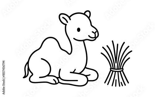 Cute baby camel outline with grass in minimalist black and white design