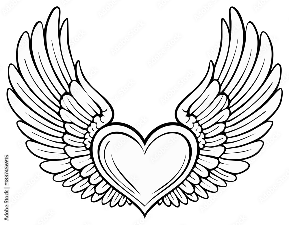Obraz premium Artistic line drawing of a heart with outstretched wings, symbolizing love, freedom, and angelic connection.