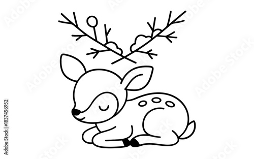 Cute sleeping fawn with antlers and branches in minimalist line art
