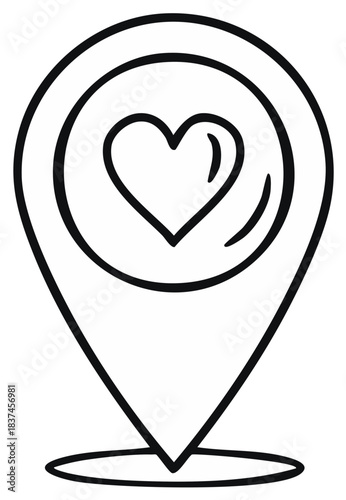 Map marker icon with heart symbol representing a favorite location or beloved destination doodle style