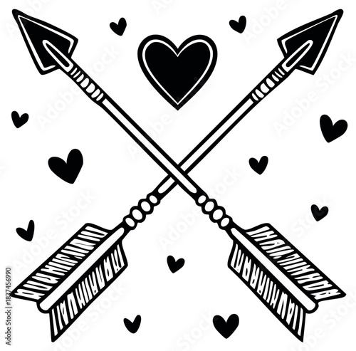 Crossed Cupid arrows with floating hearts romantic black and white vector illustration