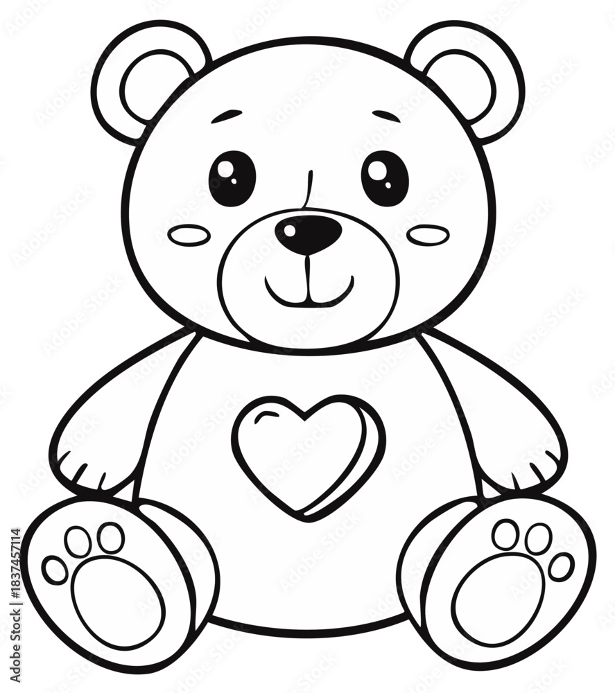 Obraz premium Simple cartoon teddy bear with a heart on its chest for coloring