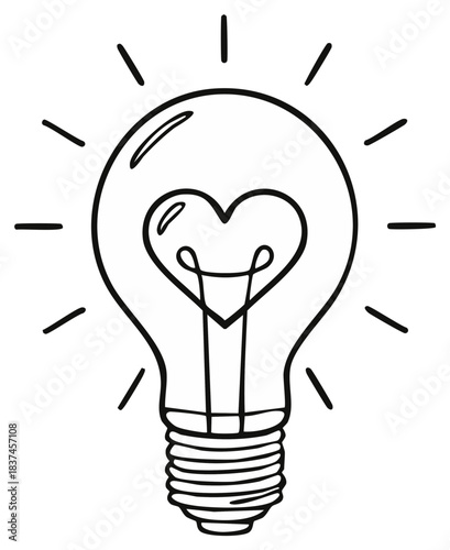 Hand drawn light bulb with a heart shaped filament glowing with light doodle illustration