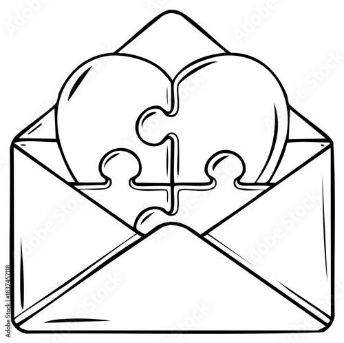 Two puzzle pieces forming a heart in an open envelope love letter concept line art