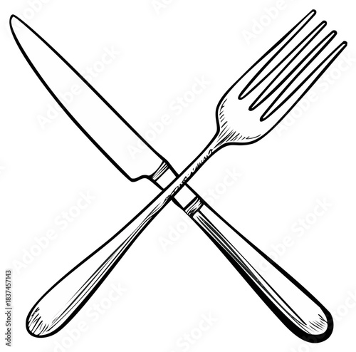Hand-drawn illustration of a crossed fork and knife in a classic sketch style