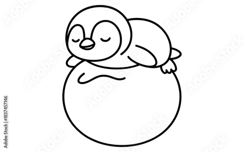Cute penguin sleeping on snowball outline