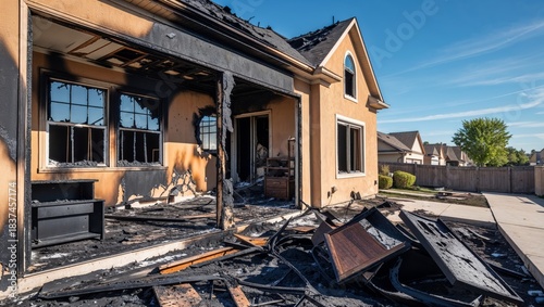 House destroyed by fire, showing extensive damage to structure and contents