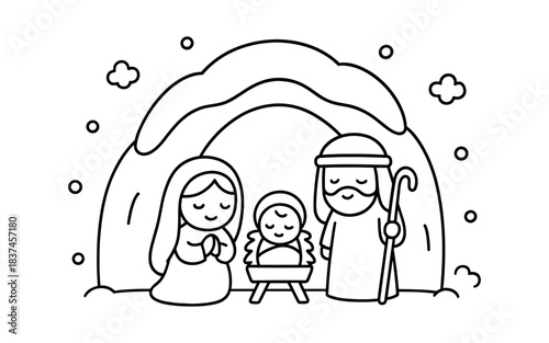 Cute minimalist nativity scene with holy family and stable in snow