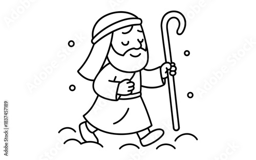 Biblical shepherd walking with staff in simple cartoon style