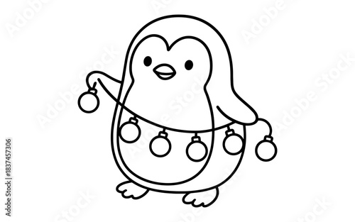 Cute penguin with holiday lights outline for kids' coloring pages