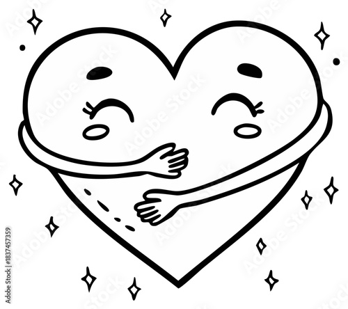 Sweet cartoon hearts embracing, forming a cohesive heart shape, illustration of love and affection with sparkles