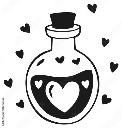 Whimsical Love Potion Bottle Illustration with Floating Hearts