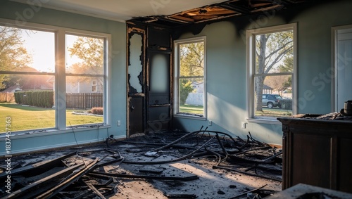 Interior of a home destroyed by fire, showing extensive damage and charring