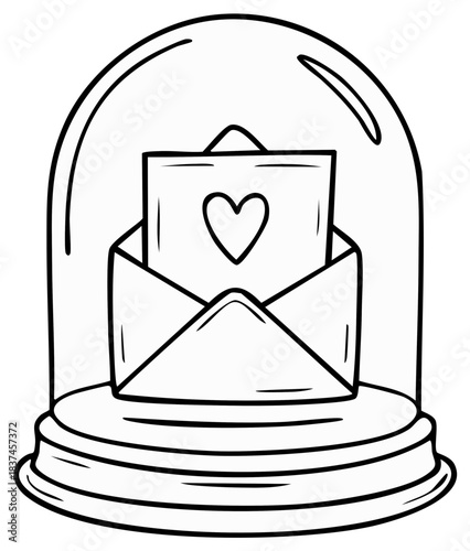 Hand drawn love letter with a heart symbol preserved inside a protective glass cloche dome
