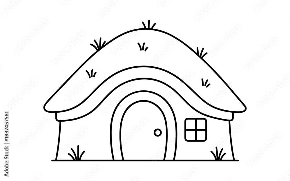 Fototapeta premium Cozy simple cottage with grass roof in minimal outline style