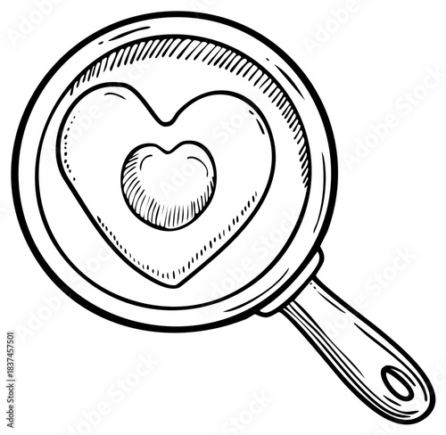 Heart shaped pancake in frying pan doodle art sketch illustration