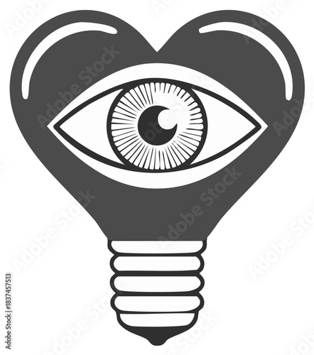 Heart shaped lightbulb with an eye inside creative illustration