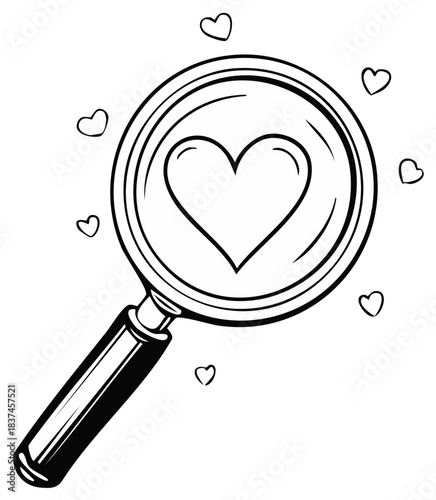 Magnifying glass examining a large heart surrounded by smaller hearts in a search for love concept