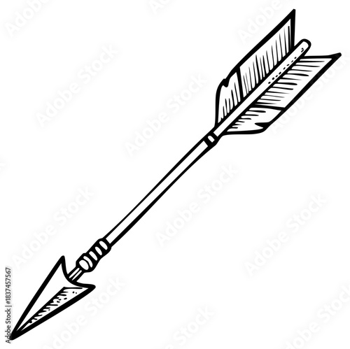 Hand drawn black and white arrow illustration with feathered fletching and sharp arrowhead