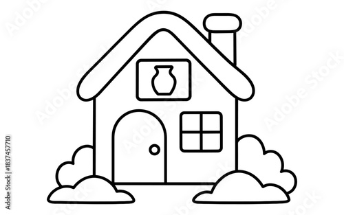 Cute black and white line art of simple house with bushes