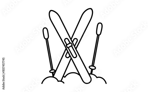 Minimalist outline design of skis and poles in snow theme