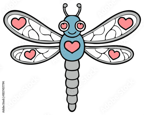 Charming smiling blue and gray cartoon dragonfly illustration featuring pink heart patterns on its wings body and eyes