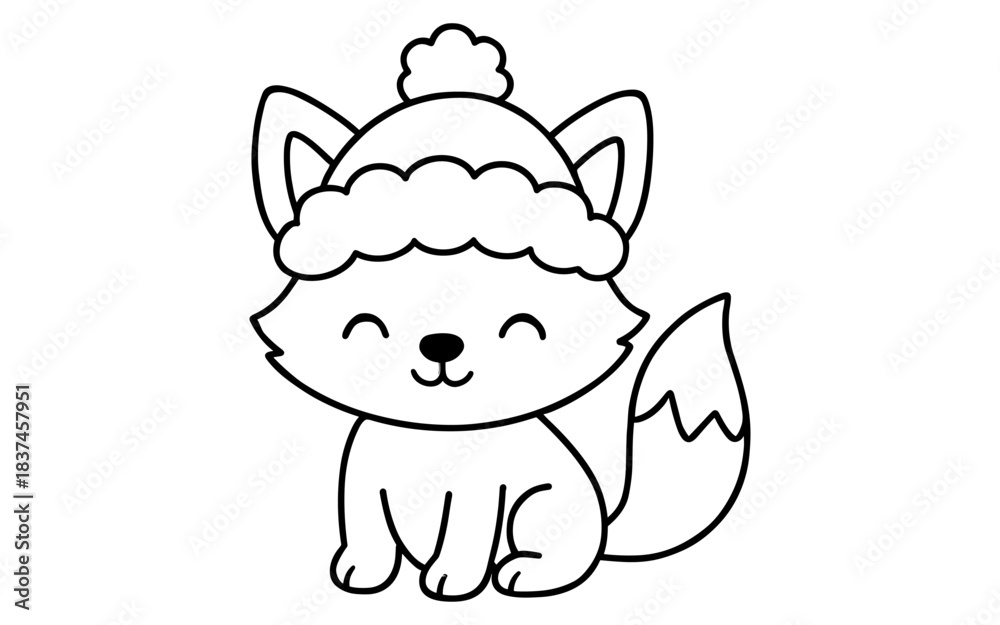 Fototapeta premium Cute fox wearing winter hat in outline style