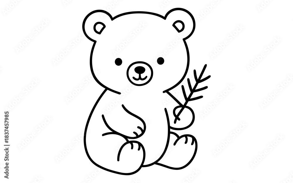 Fototapeta premium Cute bear holding branch in simple line art style