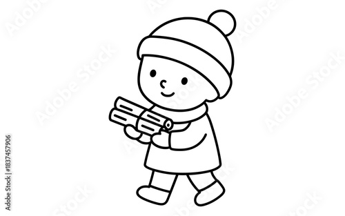 Cute line drawing of child in winter clothing carrying logs